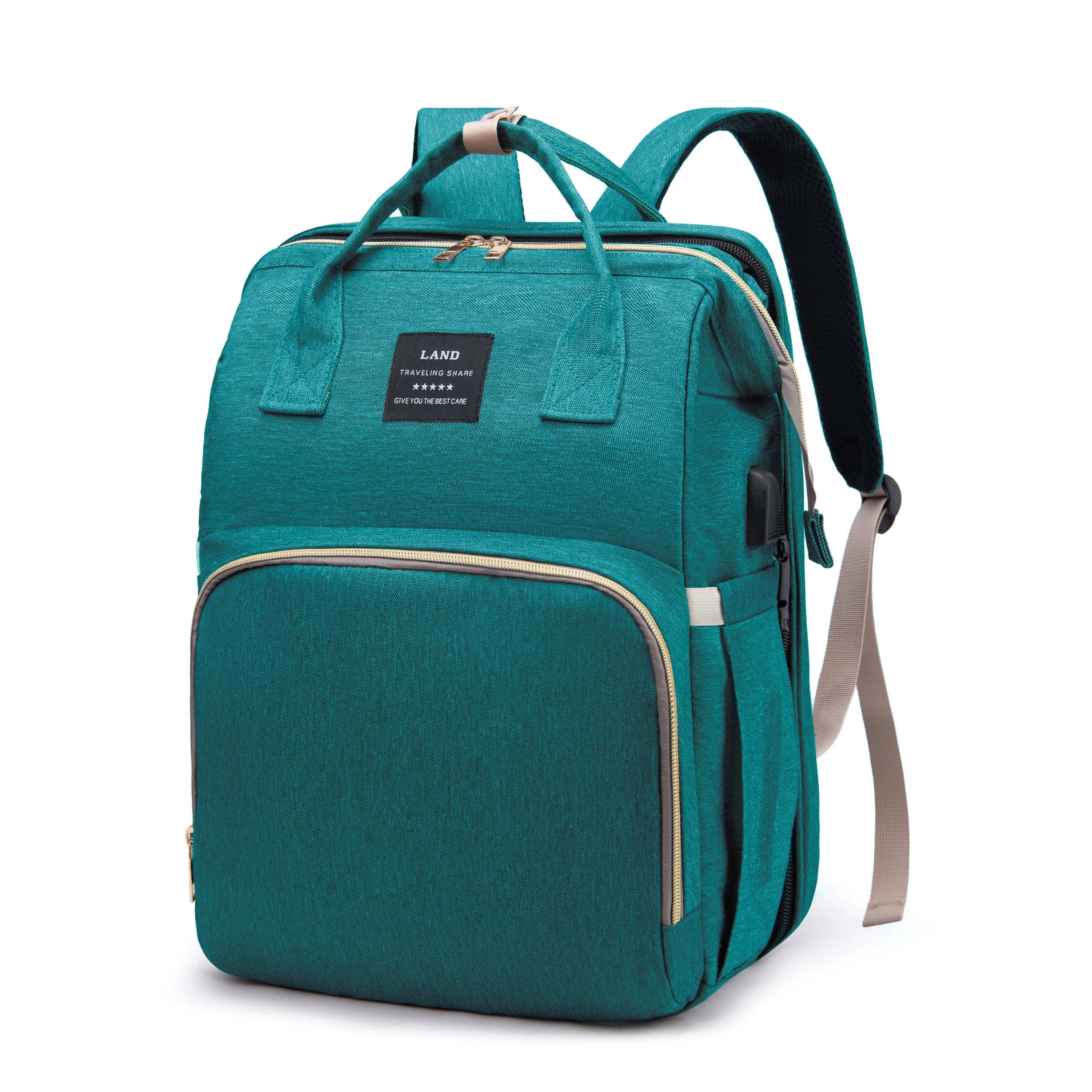 “All-in-one mommy bag 🎒🍼 Foldable crib & big storage for on-the-go moms.”