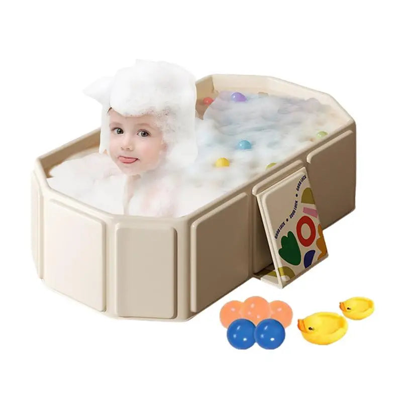 “Splash, play, and clean! 🛁🦆 Foldable kids bathtub with balls & ducks for endless fun.”