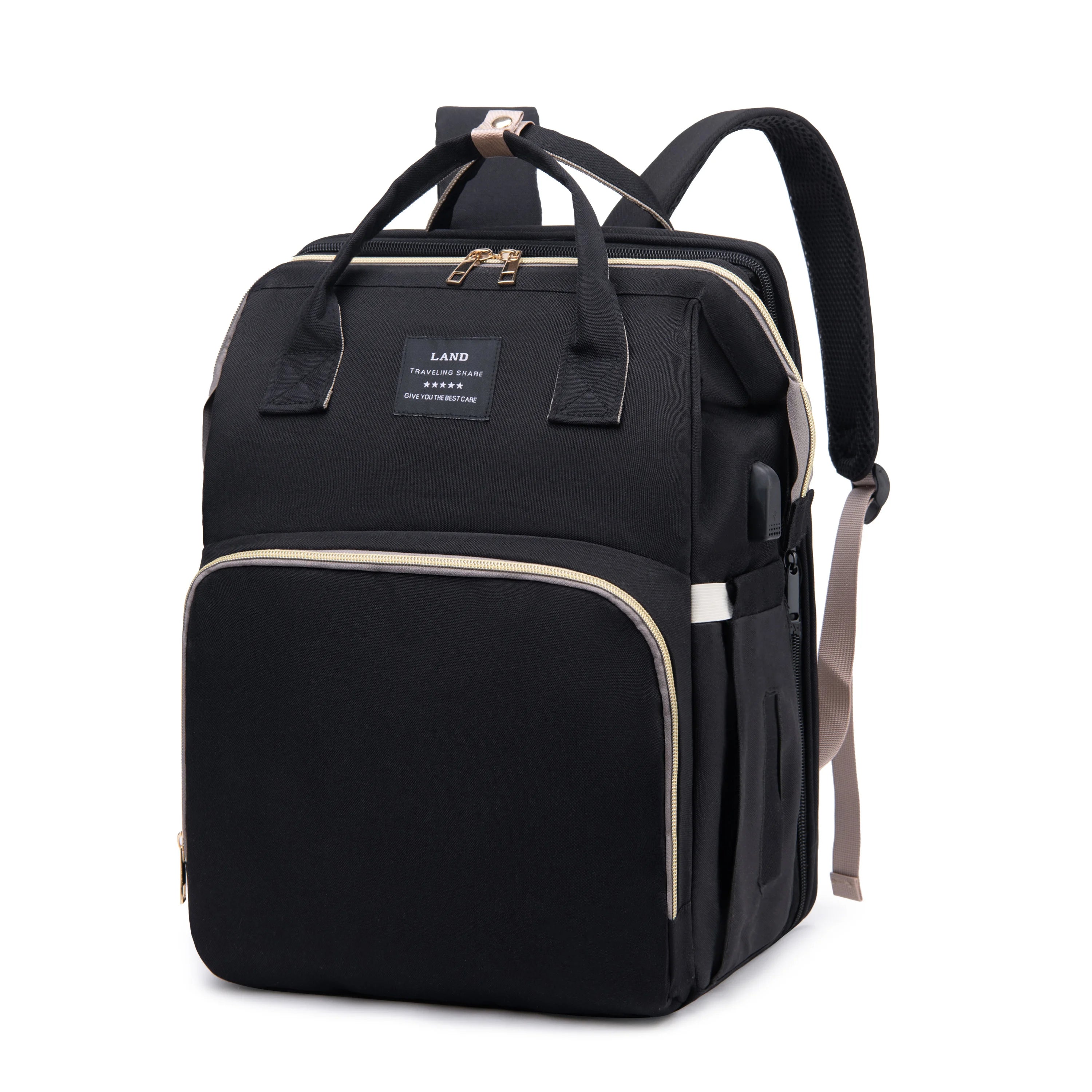 “All-in-one mommy bag 🎒🍼 Foldable crib & big storage for on-the-go moms.”