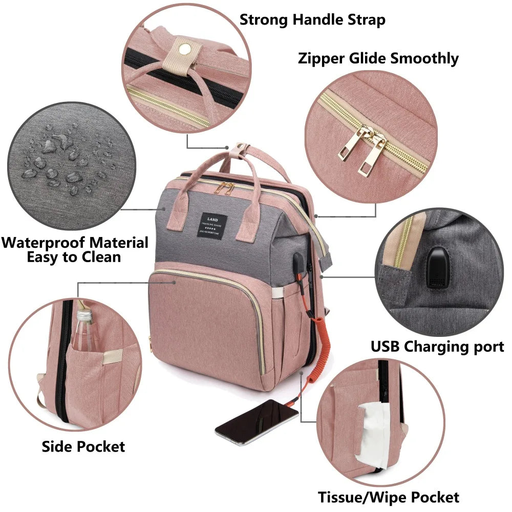 “All-in-one mommy bag 🎒🍼 Foldable crib & big storage for on-the-go moms.”