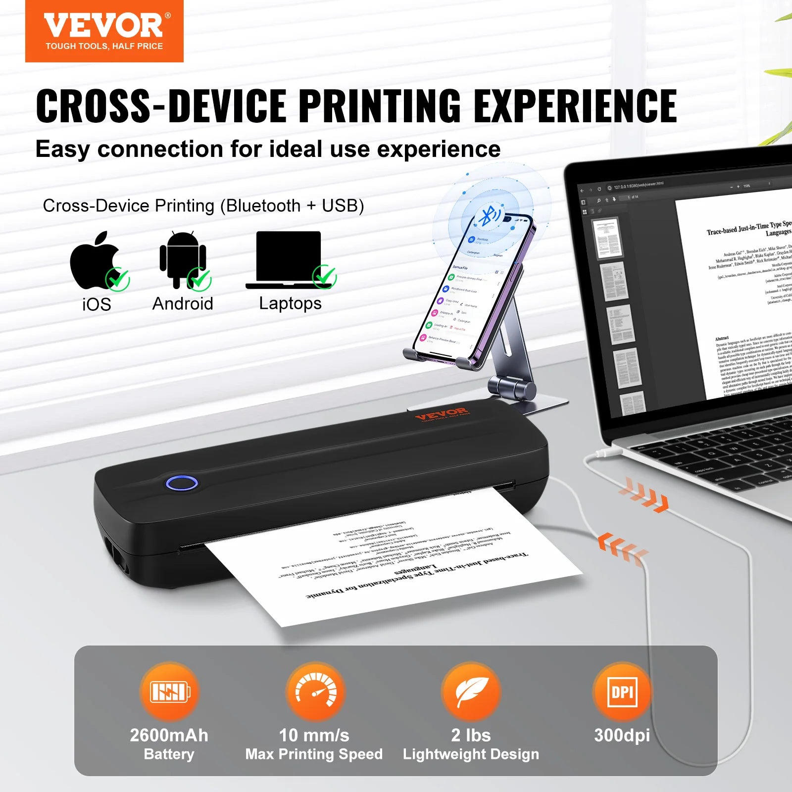 Portable Bluetooth Inkless A4/A5 Thermal Printer – 2600mAh, Multi-System Compatible for Home/Office