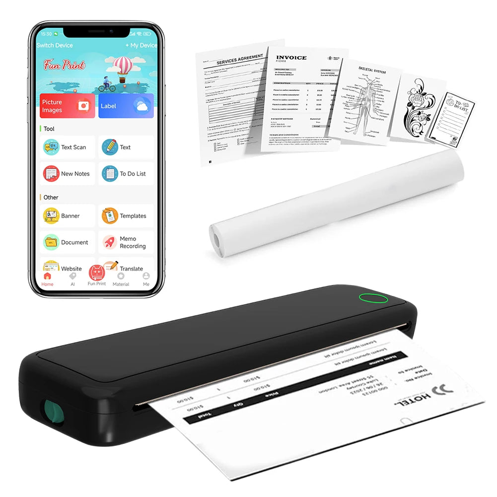 A4 Portable Inkless Thermal Printer with Paper, Bluetooth Mobile Home Printer