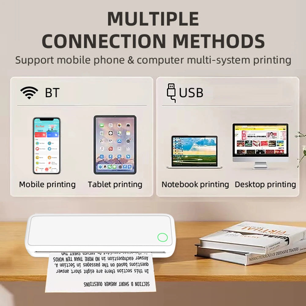 A4 Portable Inkless Thermal Printer with Paper, Bluetooth Mobile Home Printer