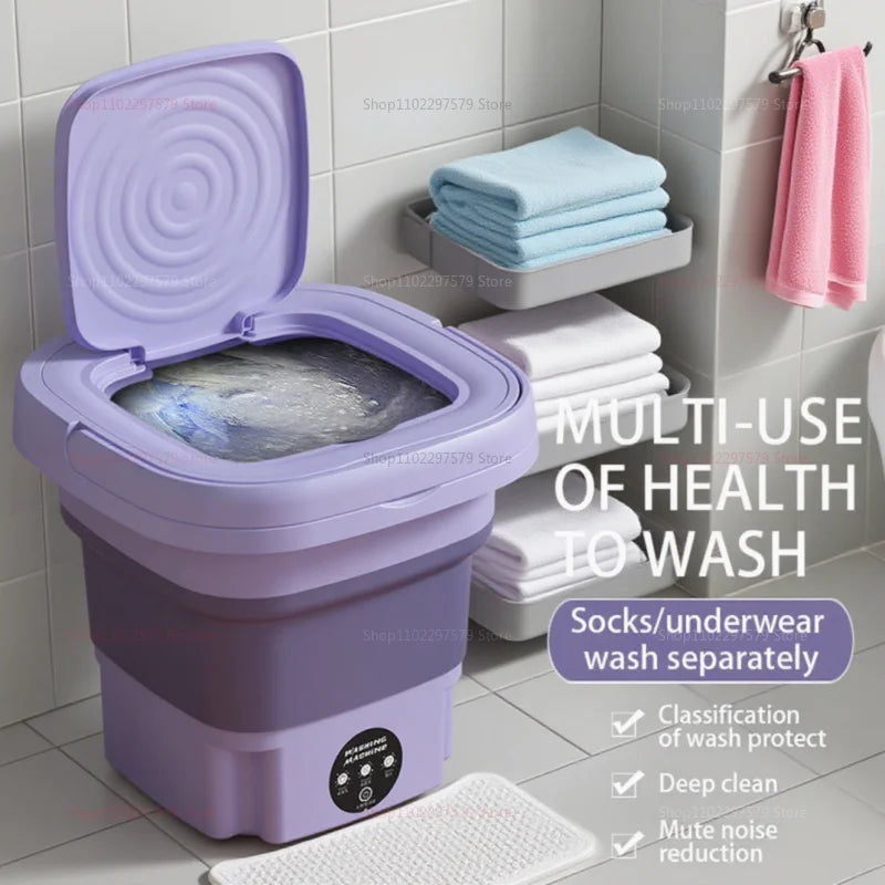 Foldable Mini Washing Machine with Spin Dryer – Portable washer for socks & underwear, compact design with EU plug.