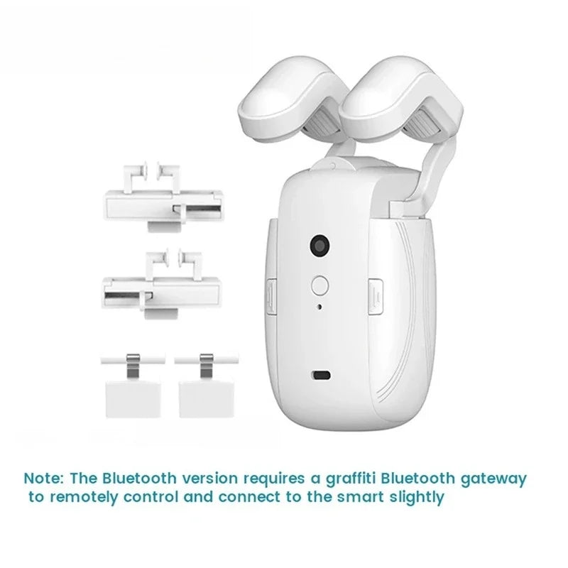 "3-in-1 Bluetooth Automatic Curtain Opener – works with Roman, U, and T-rail tracks, remote controlled."