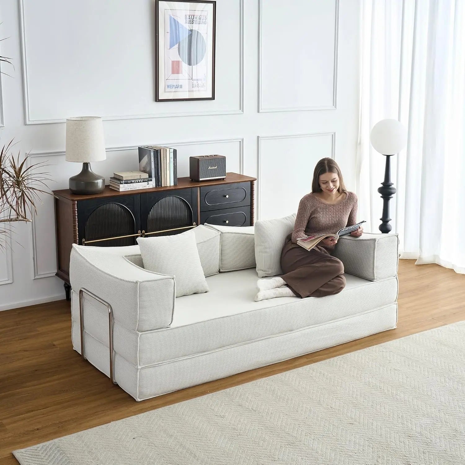 79" Corduroy Convertible Sofa Bed with Pillows – Folding Sleeper Couch with Fixed Frame for Living Room.
