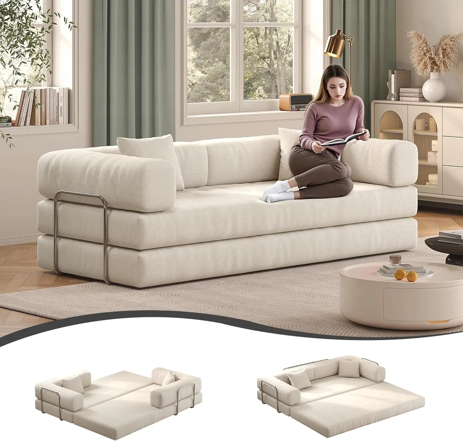 79" Corduroy Convertible Sofa Bed with Pillows – Folding Sleeper Couch with Fixed Frame for Living Room.