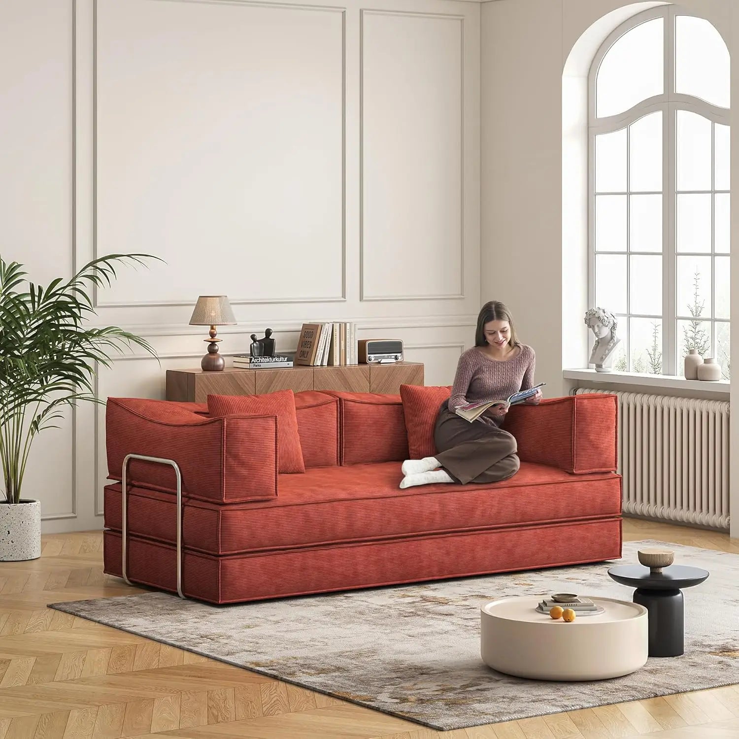 79" Corduroy Convertible Sofa Bed with Pillows – Folding Sleeper Couch with Fixed Frame for Living Room.