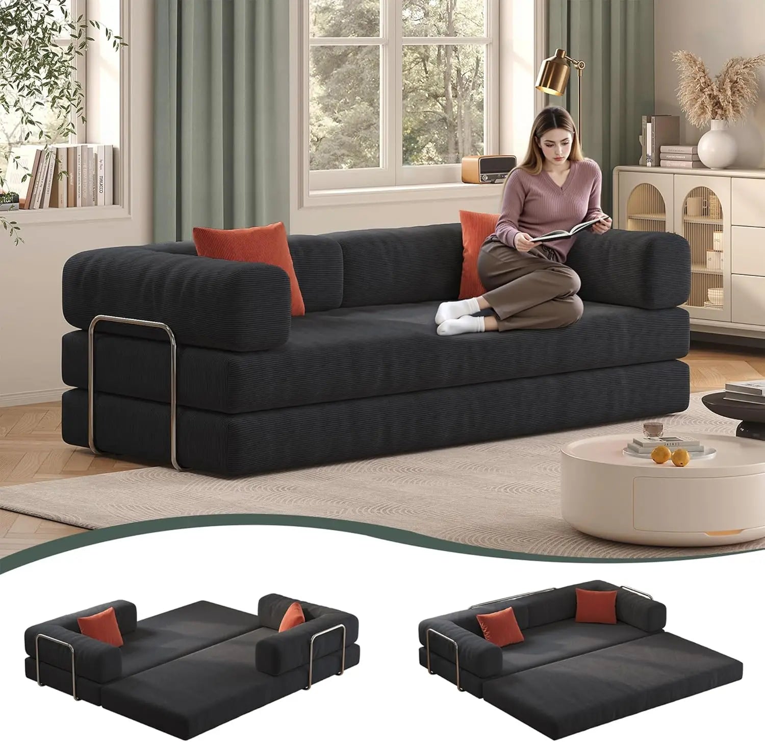 79" Corduroy Convertible Sofa Bed with Pillows – Folding Sleeper Couch with Fixed Frame for Living Room.