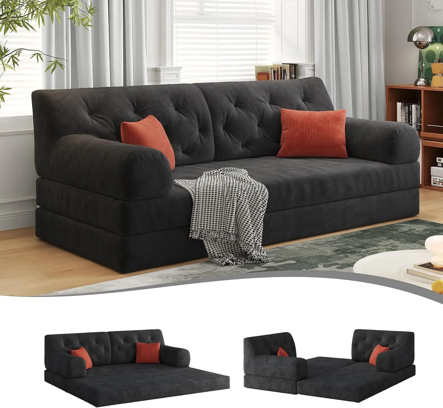 79" Corduroy Convertible Sofa Bed with Pillows – Folding Sleeper Couch with Fixed Frame for Living Room.