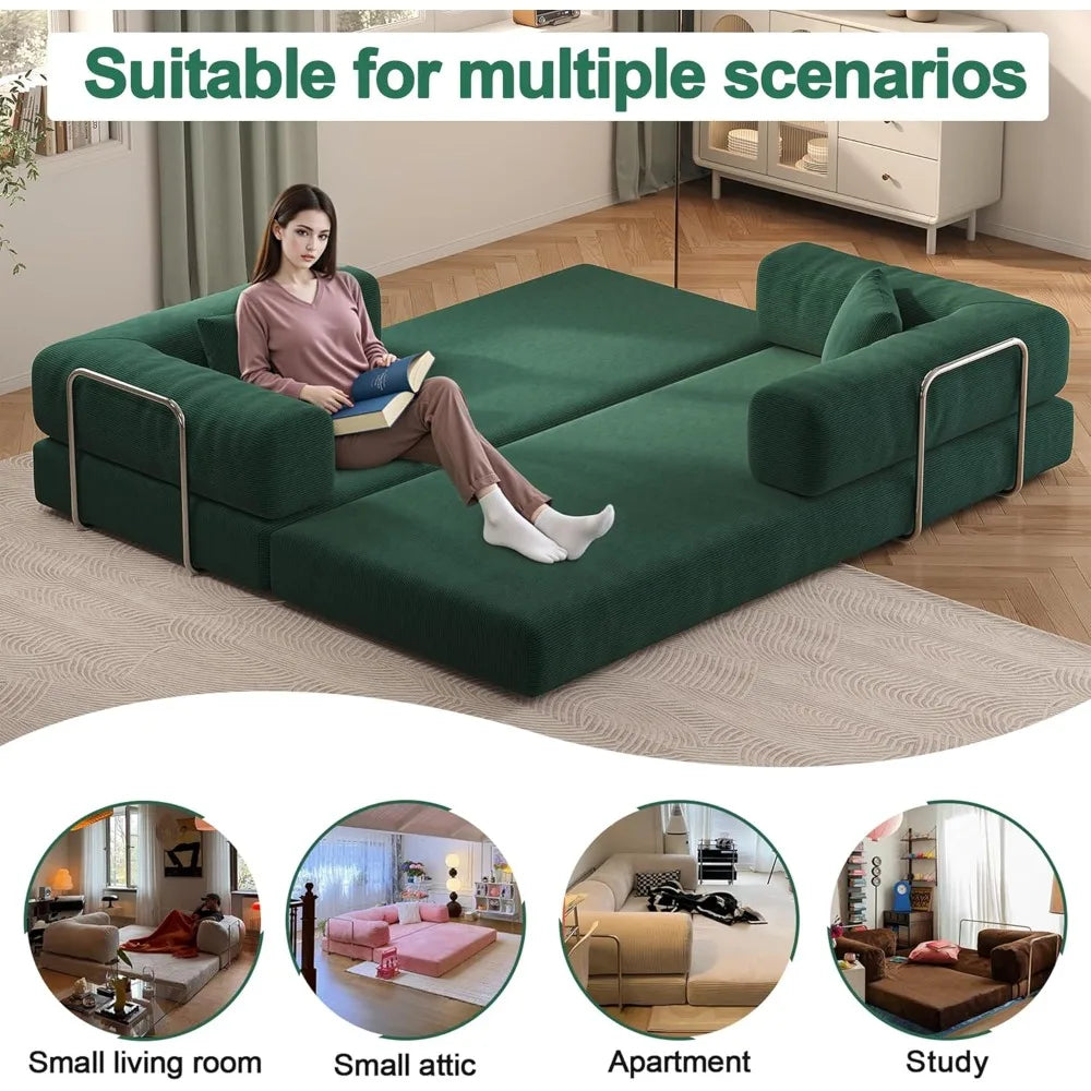 79" Corduroy Convertible Sofa Bed with Pillows – Folding Sleeper Couch with Fixed Frame for Living Room.