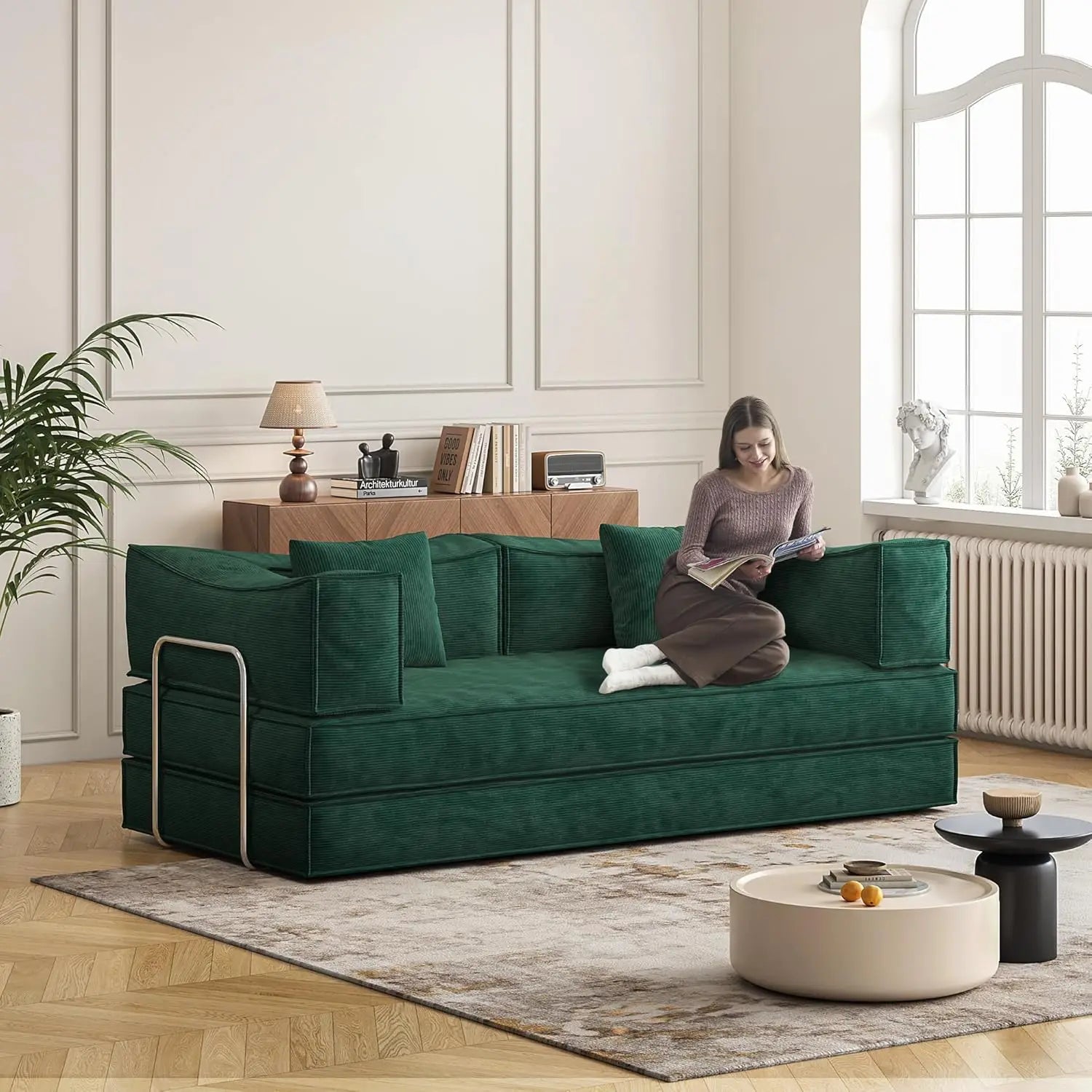 79" Corduroy Convertible Sofa Bed with Pillows – Folding Sleeper Couch with Fixed Frame for Living Room.