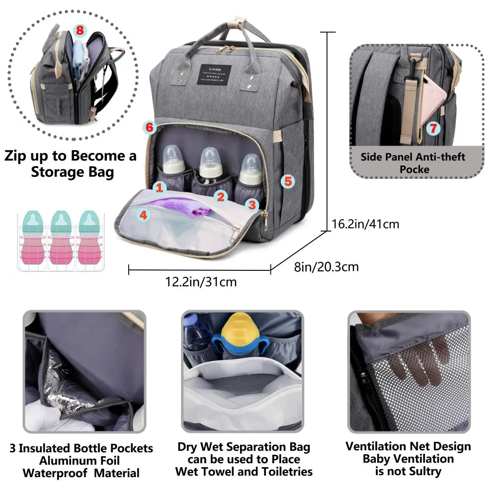 “All-in-one mommy bag 🎒🍼 Foldable crib & big storage for on-the-go moms.”