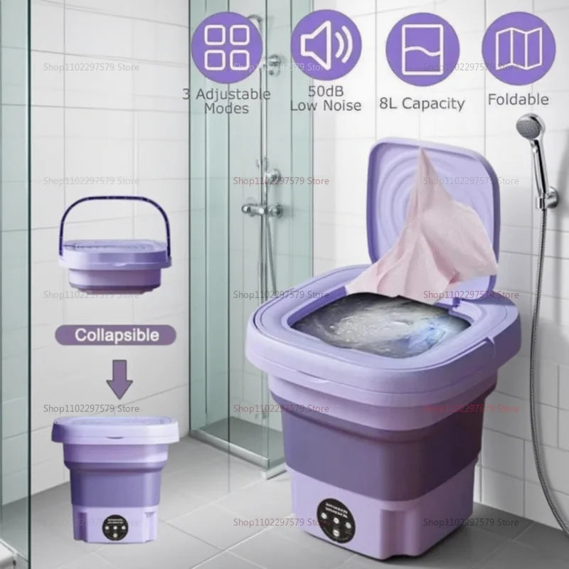 Foldable Mini Washing Machine with Spin Dryer – Portable washer for socks & underwear, compact design with EU plug.