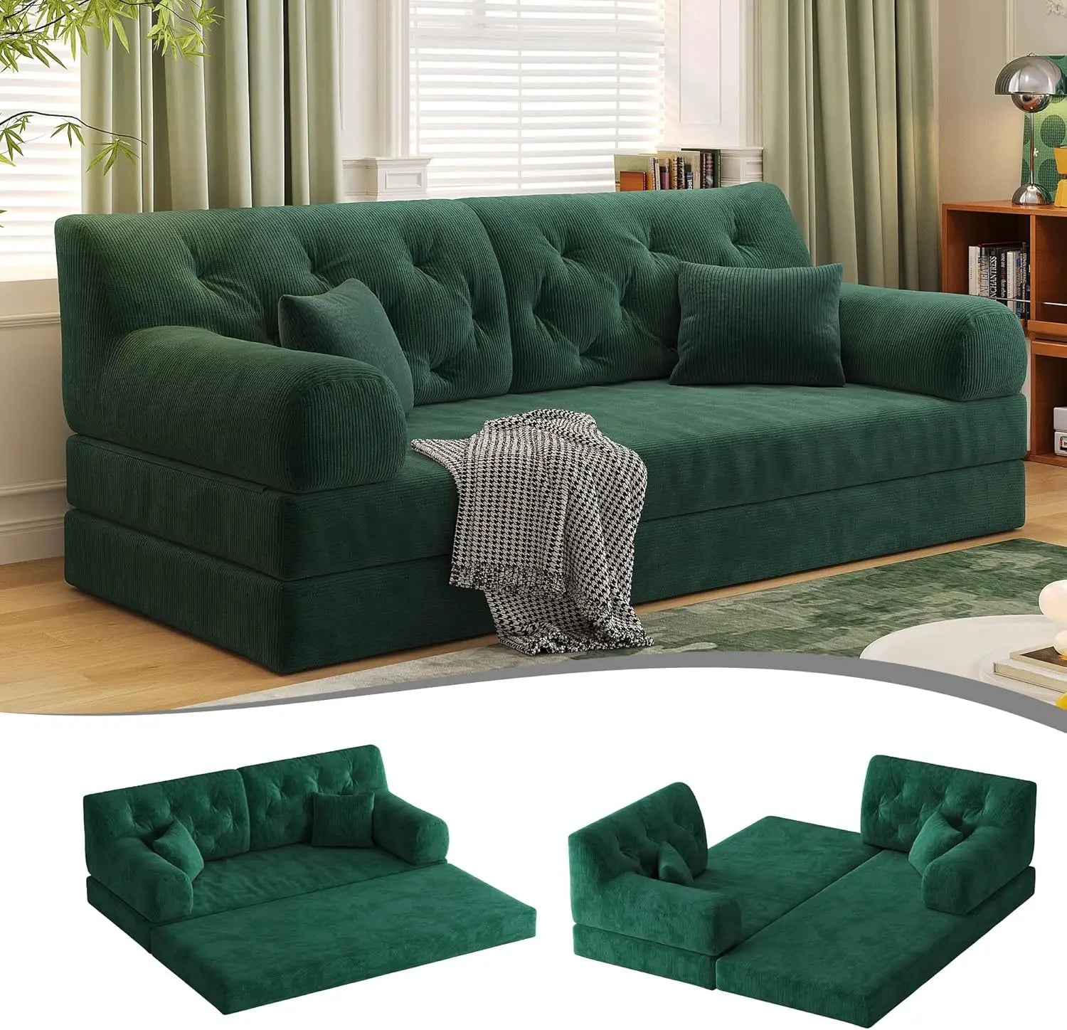 79" Corduroy Convertible Sofa Bed with Pillows – Folding Sleeper Couch with Fixed Frame for Living Room.