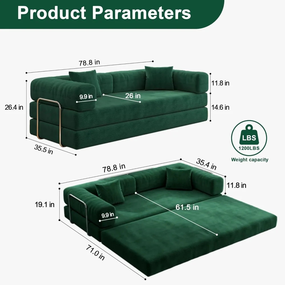 79" Corduroy Convertible Sofa Bed with Pillows – Folding Sleeper Couch with Fixed Frame for Living Room.
