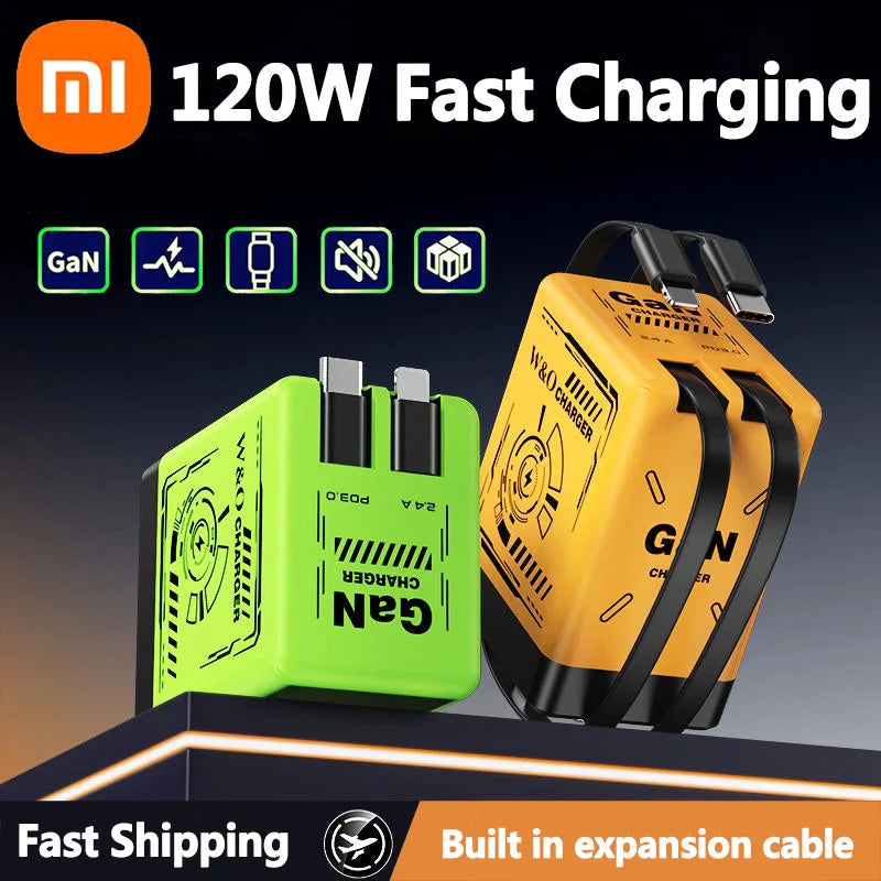 Xiaomi 120W GaN Fast Charger with Retractable Type-C/Lightning Cable.