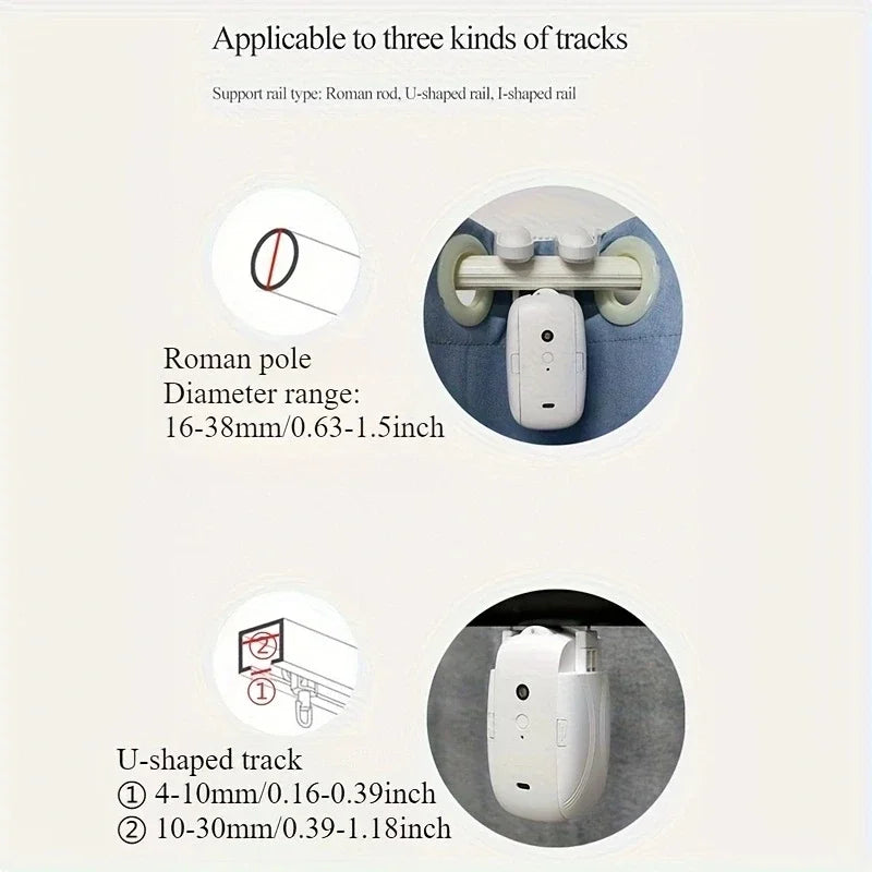 "3-in-1 Bluetooth Automatic Curtain Opener – works with Roman, U, and T-rail tracks, remote controlled."