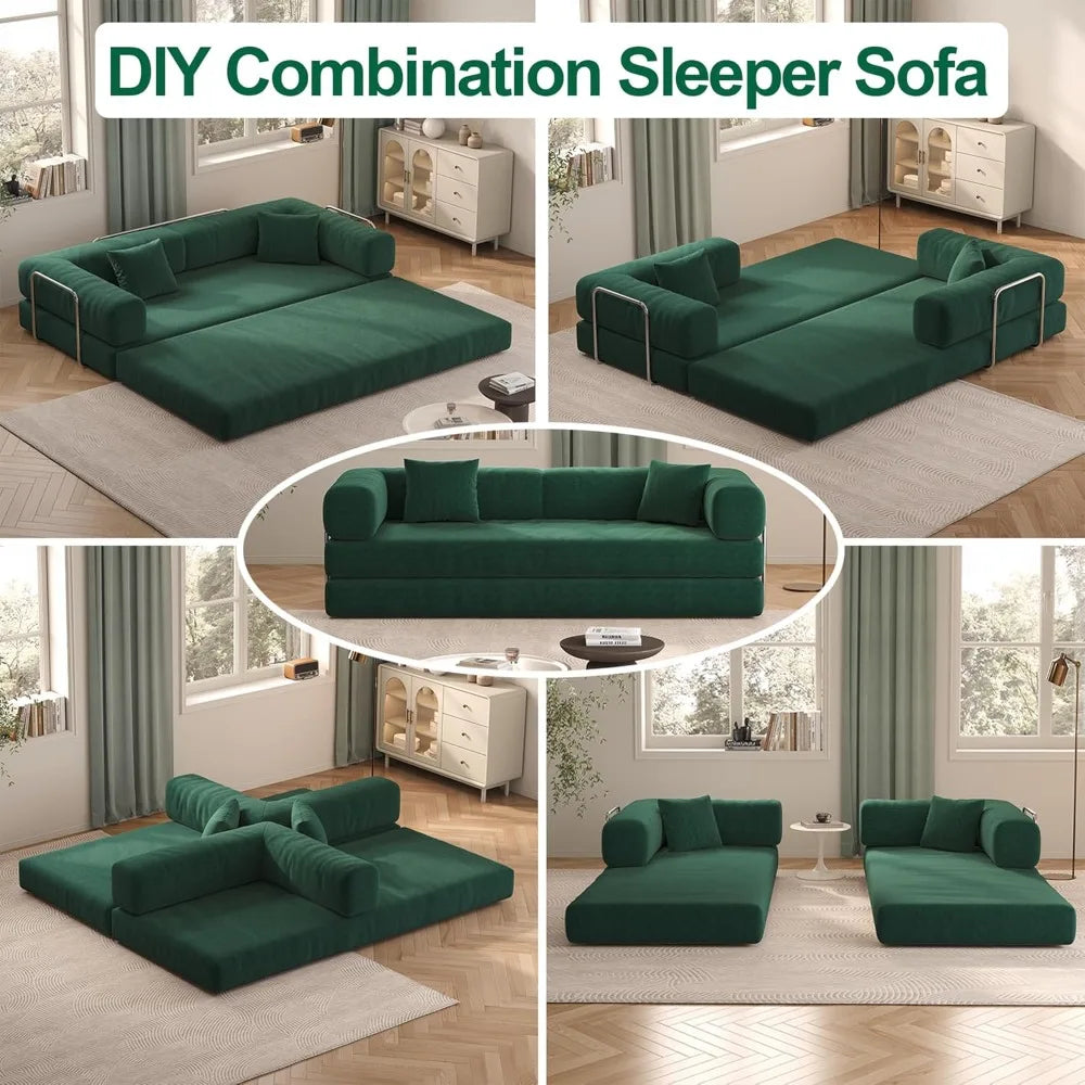 79" Corduroy Convertible Sofa Bed with Pillows – Folding Sleeper Couch with Fixed Frame for Living Room.