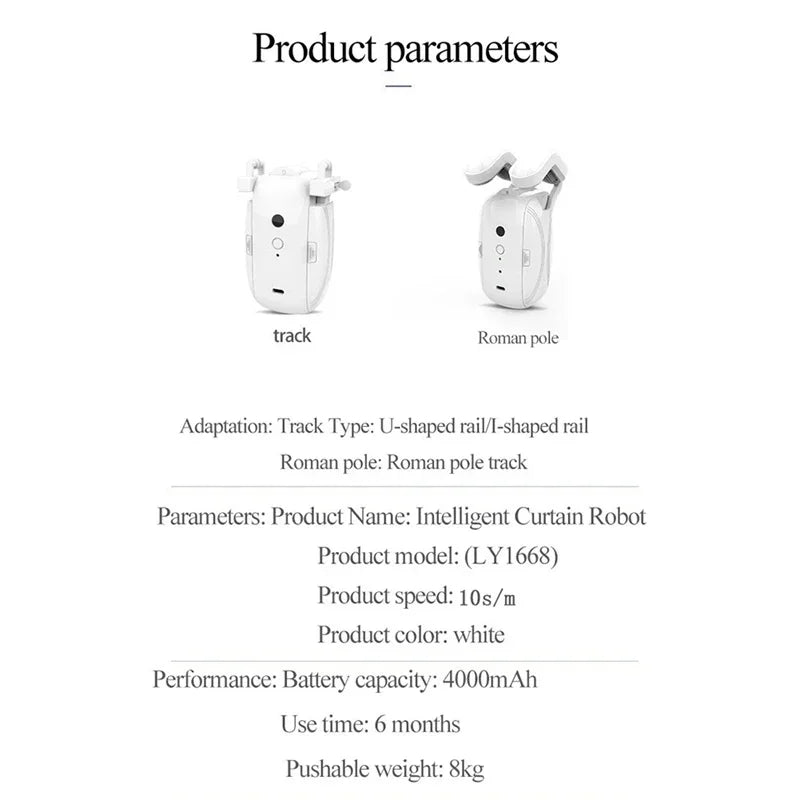 "3-in-1 Bluetooth Automatic Curtain Opener – works with Roman, U, and T-rail tracks, remote controlled."