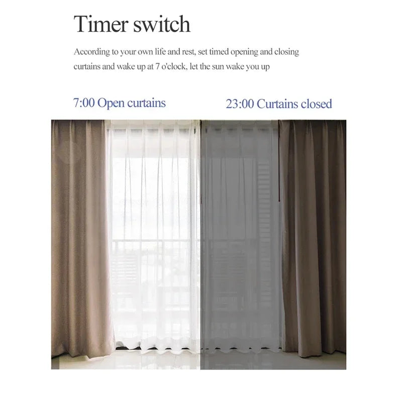 "3-in-1 Bluetooth Automatic Curtain Opener – works with Roman, U, and T-rail tracks, remote controlled."