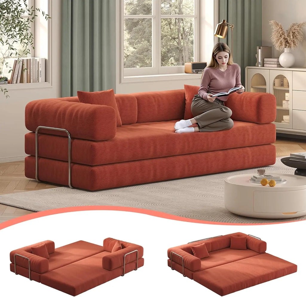 79" Corduroy Convertible Sofa Bed with Pillows – Folding Sleeper Couch with Fixed Frame for Living Room.
