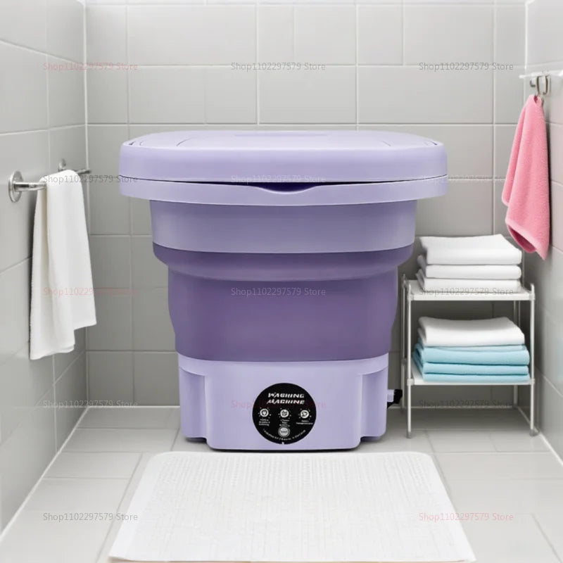 Foldable Mini Washing Machine with Spin Dryer – Portable washer for socks & underwear, compact design with EU plug.