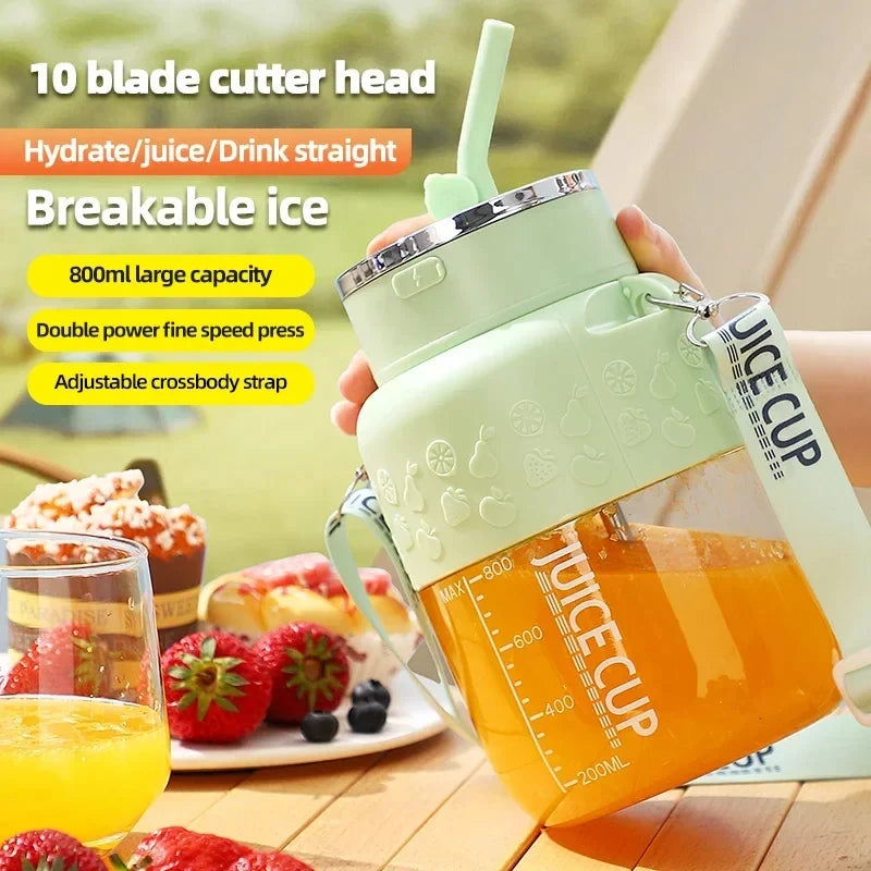 Fresh juice anywhere! 🍓🥭 Portable 800ml juicer with 10 blades – blend, sip & go!