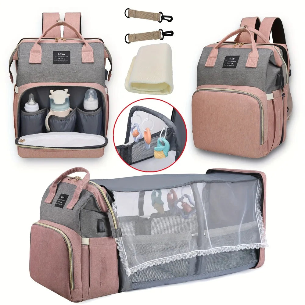 “All-in-one mommy bag 🎒🍼 Foldable crib & big storage for on-the-go moms.”