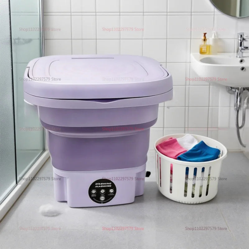 Foldable Mini Washing Machine with Spin Dryer – Portable washer for socks & underwear, compact design with EU plug.