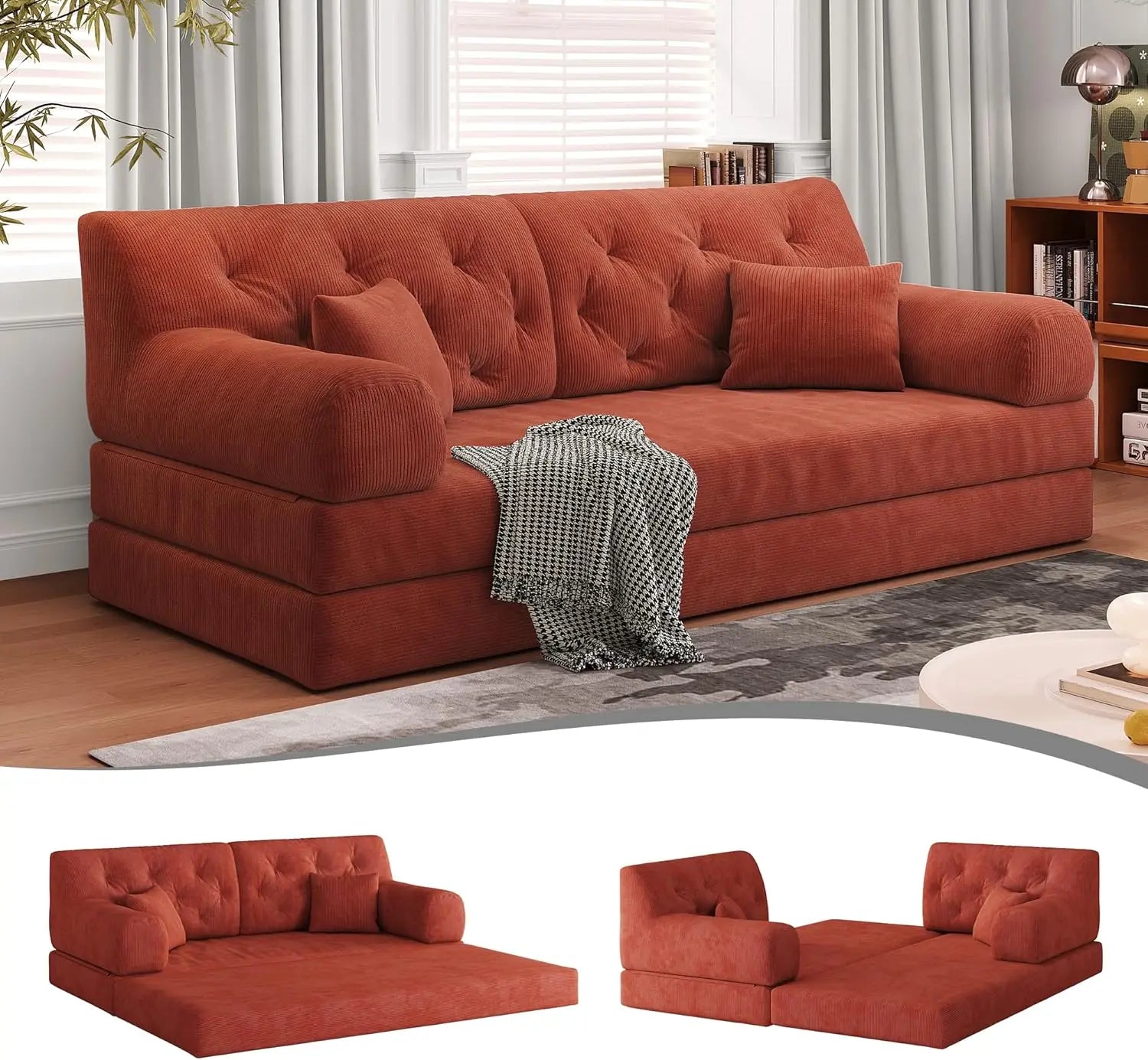 79" Corduroy Convertible Sofa Bed with Pillows – Folding Sleeper Couch with Fixed Frame for Living Room.