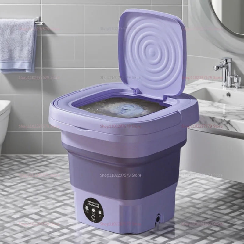 Foldable Mini Washing Machine with Spin Dryer – Portable washer for socks & underwear, compact design with EU plug.