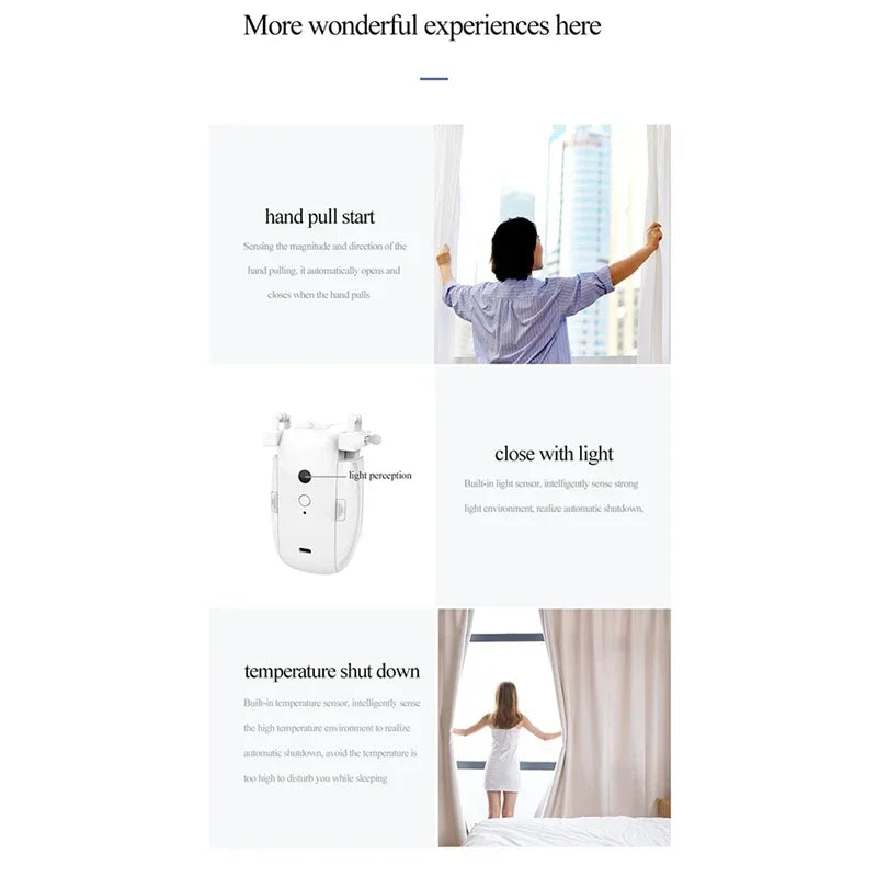 "3-in-1 Bluetooth Automatic Curtain Opener – works with Roman, U, and T-rail tracks, remote controlled."