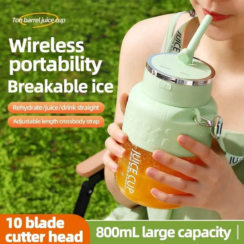 Fresh juice anywhere! 🍓🥭 Portable 800ml juicer with 10 blades – blend, sip & go!