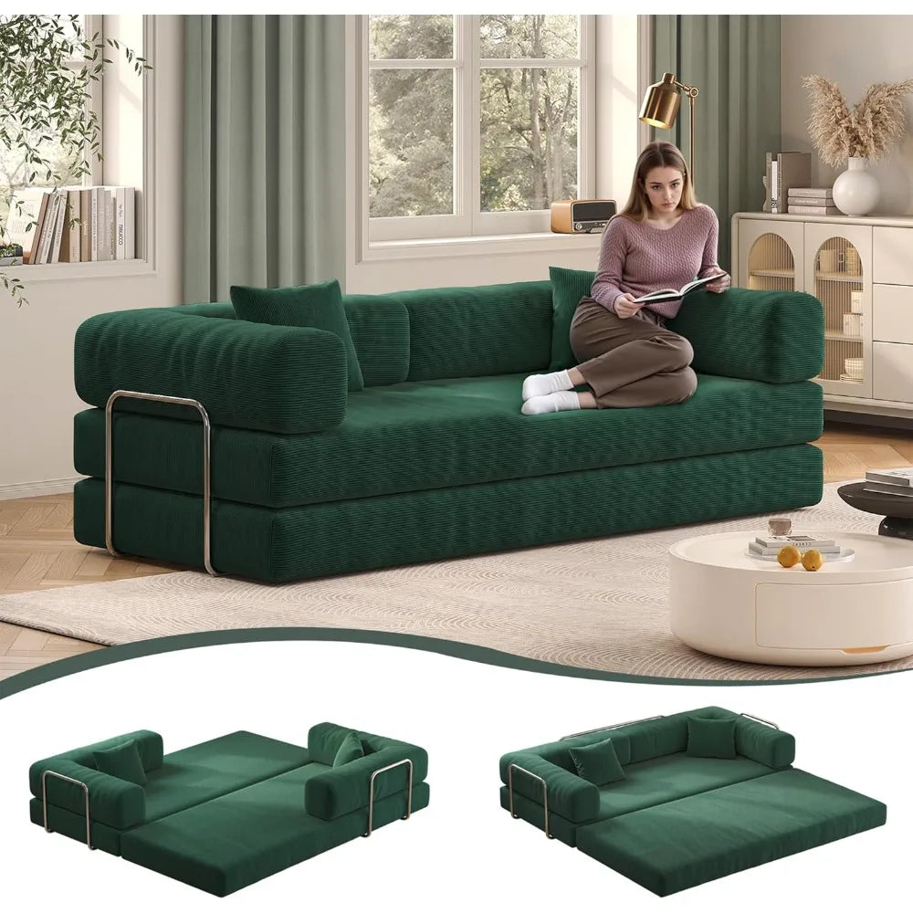 79" Corduroy Convertible Sofa Bed with Pillows – Folding Sleeper Couch with Fixed Frame for Living Room.
